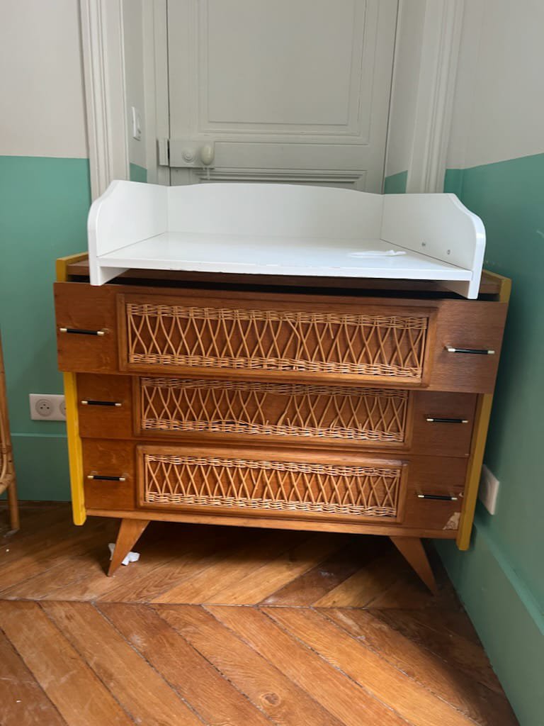 Commode vintage bois et rotin – Image 2