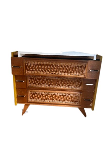 Commode vintage bois et rotin