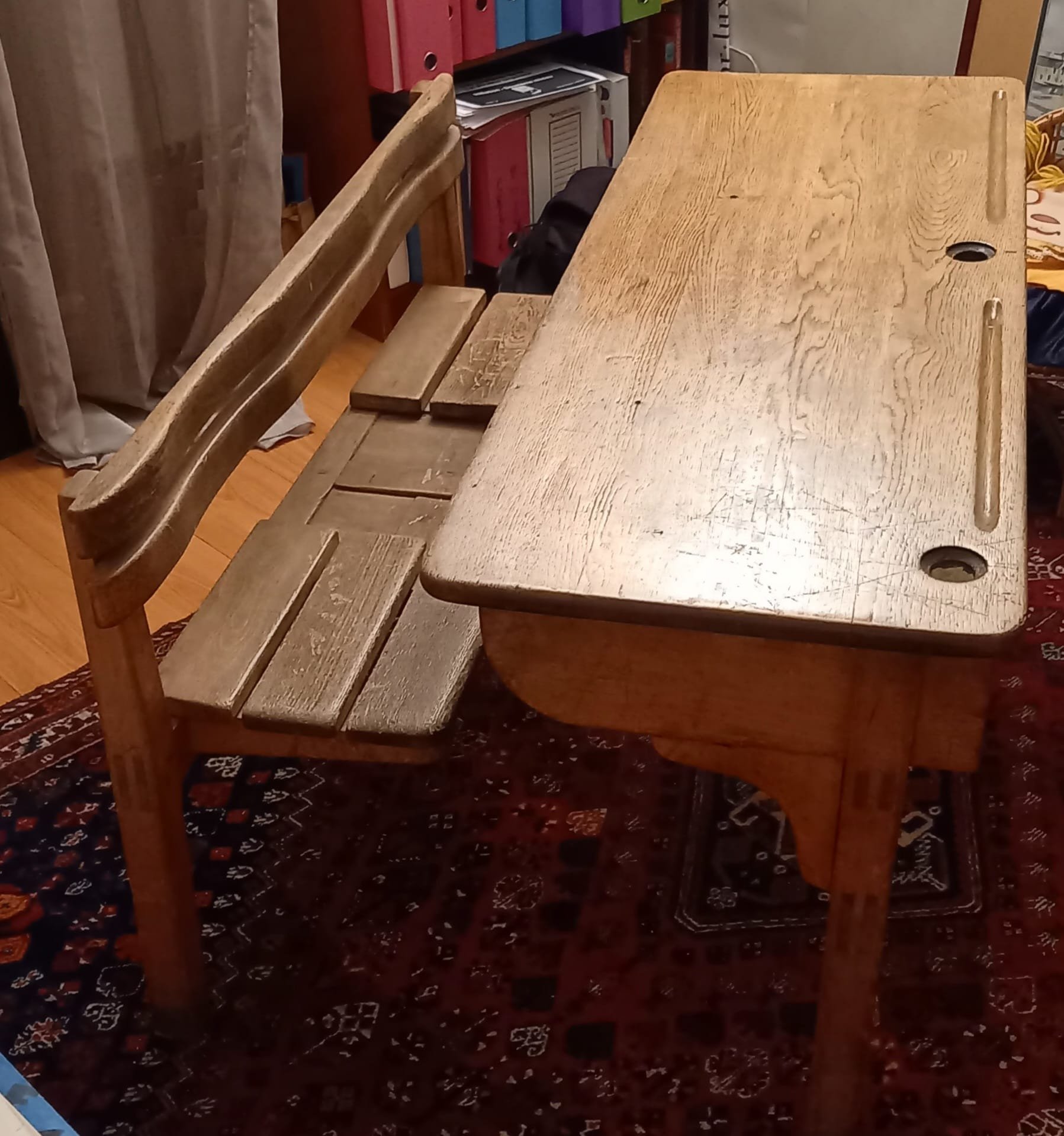 bureau enfant double place vintage tout en bois – Image 2
